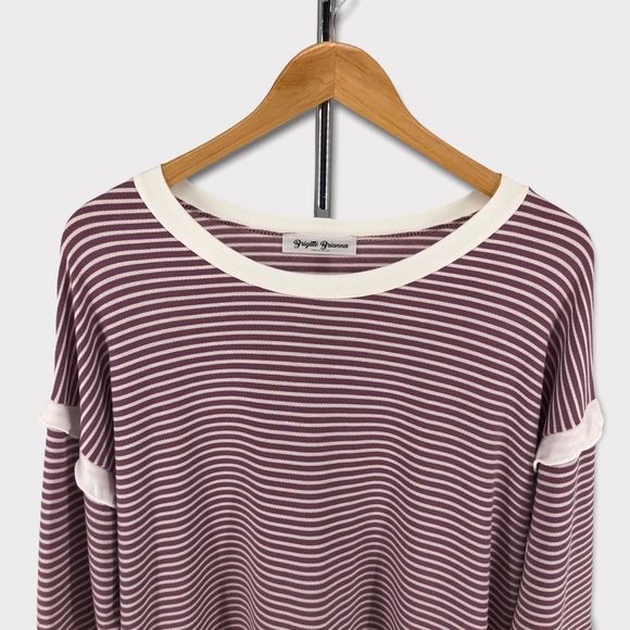 Brigitte Brianna Sexy Modest Mauve Cream Striped Ruffle Sleeve Sweatshirt Large - Picture 3 of 11